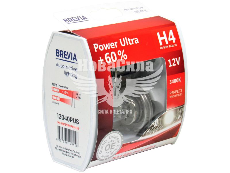 Лампочка галогенна H4 P43t 12V-60/55Вт (Brevia) +60 (Power Ultra) (кт. 2шт.) (12040PUS)