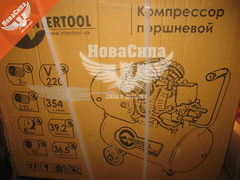 Компресор стаціонарний (Intertool) (2-х цил.) 3HP.- 2,23кВт.- 8атм.- 354л/хв.- 50л.- 43,2кг. (PT-0004)