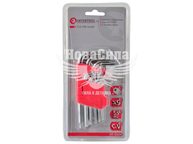 Набір зірочок Г-подібних ключів TORX з отвором (Intertool) Cr-V, T10-T50, 55HRC (HT-0604)