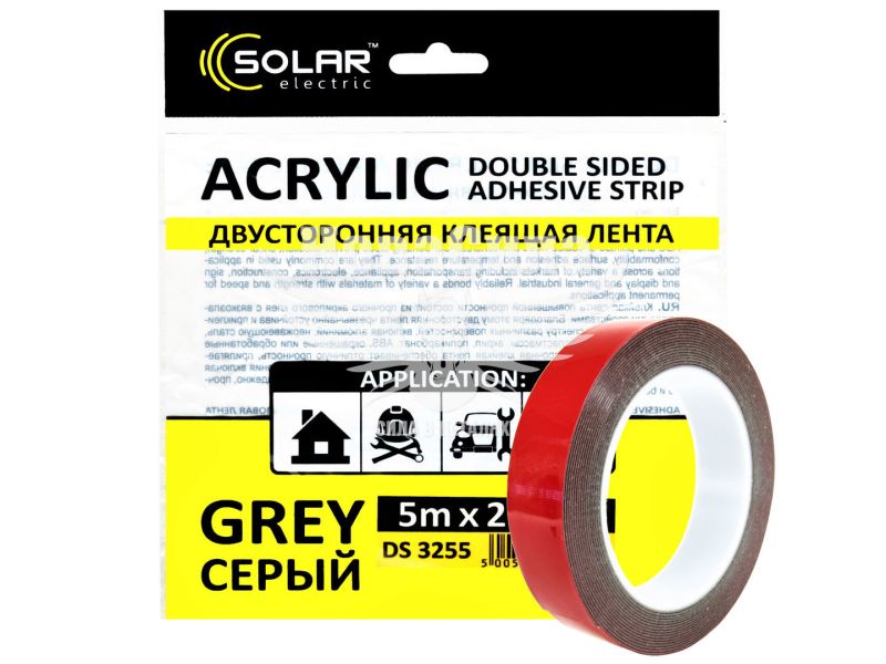 Скотч двохстор. 25мм. 5м. (Solar) Acrylic (сірий підс.) (DS3255)