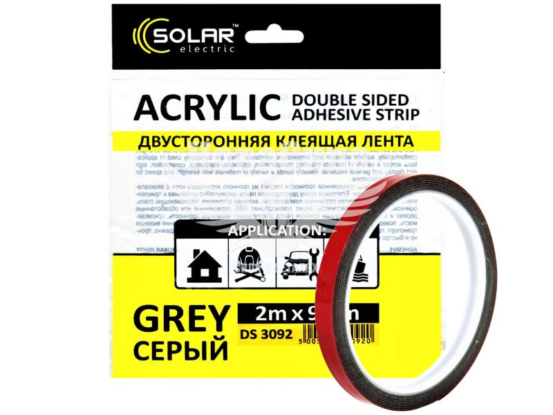 Скотч двохстор. 9мм. 2м. (Solar) Acrylic (сірий підс.) (DS3092)