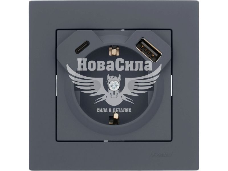 Розетка одинарна Lezard Vesna з/з + USB + Type C, шефілд грей (742-3488-181TC)