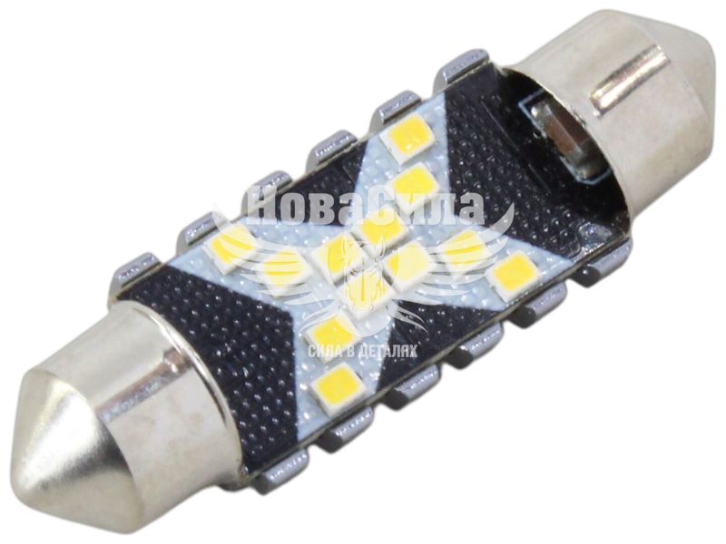 Лампочка 2-х цокольная LED T11_C5W SMD белая 12-диодов 12V-3Вт CAN 2016-12 39мм. (Cyclone) (T11-053(39))