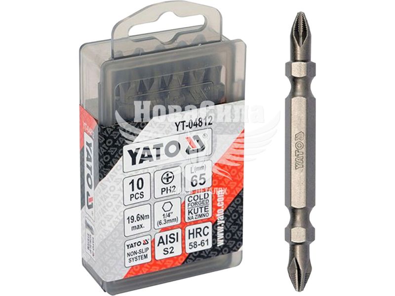 Насадки для викрутки (Yato) PH2/PH2 65 мм, двосторонні, HEX 1/4", S2, 10 шт. (YT-04812)