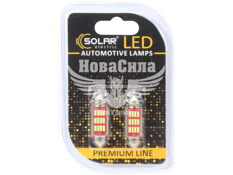 Лампочка 2-ох цокольна LED T11_C5W SMD біла 12-діодів 12V-5Вт SV8.5-8 39мм. CANbus (Solar) (к-т.-2шт.) (SL1426)