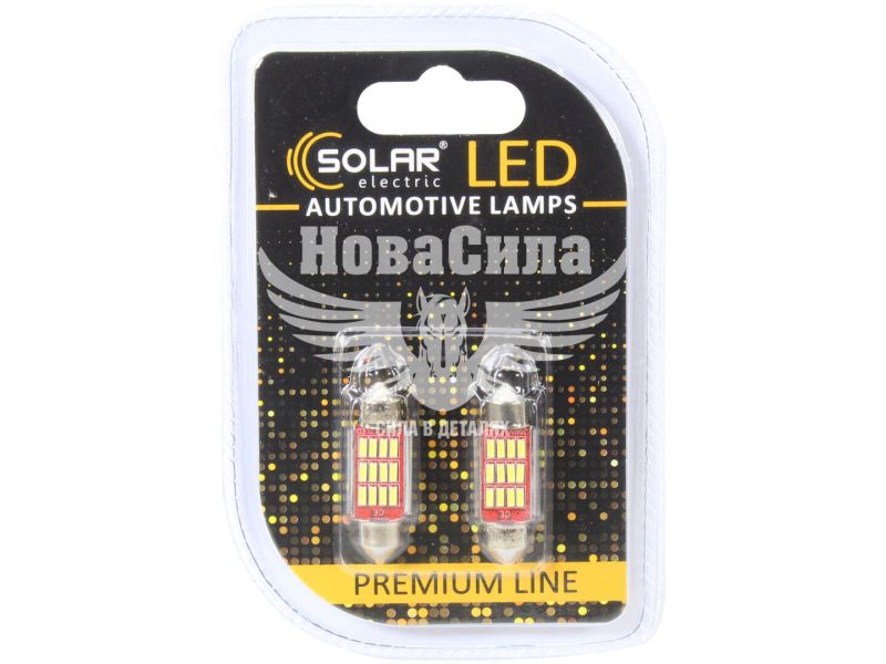 Лампочка 2-ох цокольна LED T11_C5W SMD біла 12-діодів 12V-5Вт SV8.5-8 36мм. CANbus (Solar) (к-т.-2шт.) (SL1425)