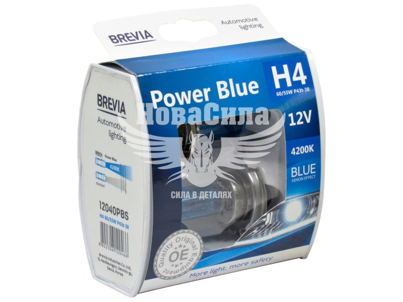 Лампочка галогенна H4 P43t 12V-60/55Вт (Brevia) 4200K (Power Blue) (кт. 2шт.) (12040PBS)